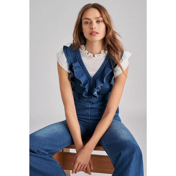 Mare Mare Alena Ruffled Denim Jumpsuit Denim Medium Blue - L - Picture 1 of 5